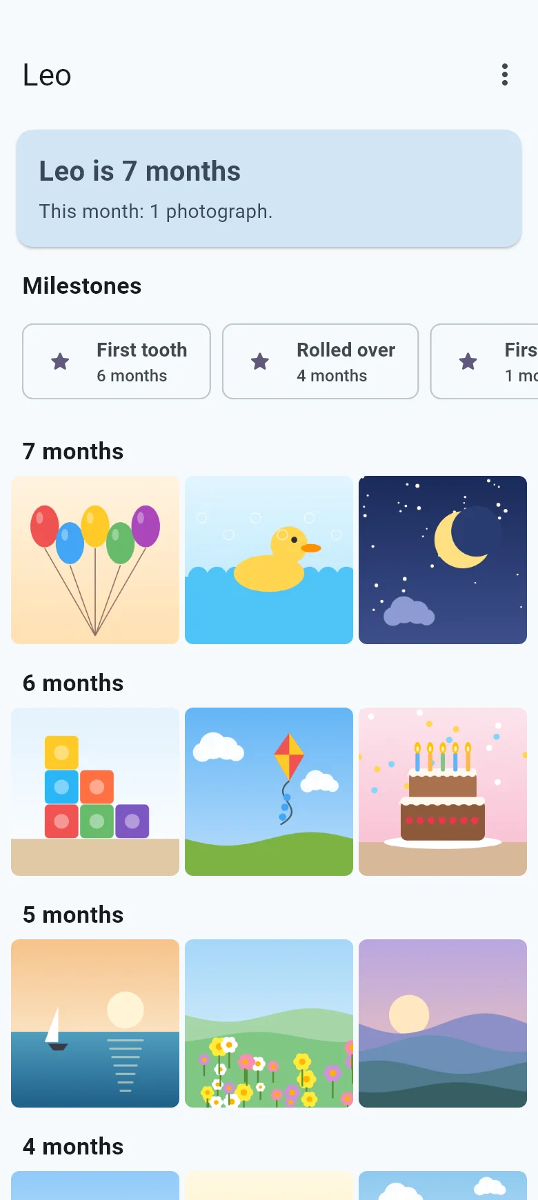 A baby album in Windpost, with the baby's age and the month's photographs