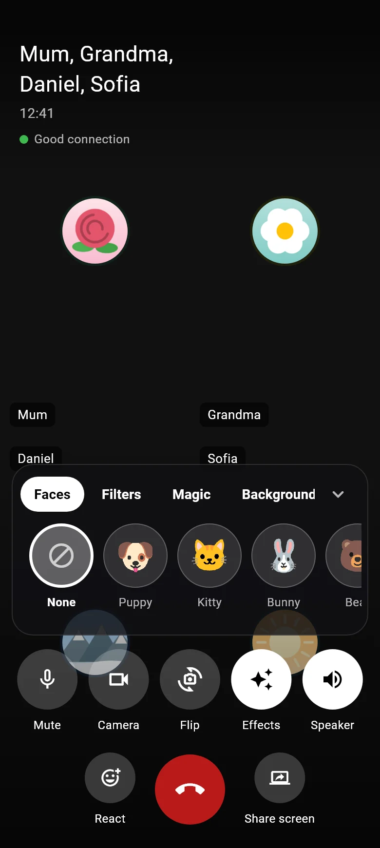 A video call in Windpost with four members of a family, the effects open