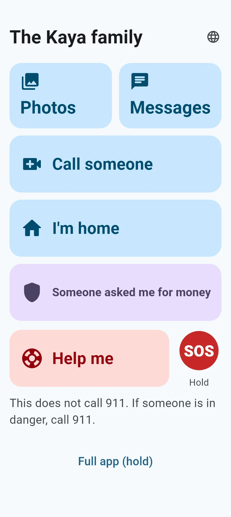Grandparent mode: large buttons for photos, messages, calling, saying I'm home, Help me and SOS